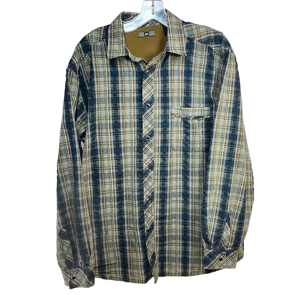 REI Pearl Snap Western Shirt Men's Medium Long Sleeve Blue Yellow Brown Plaid